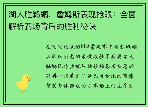 湖人胜鹈鹕，詹姆斯表现抢眼：全面解析赛场背后的胜利秘诀